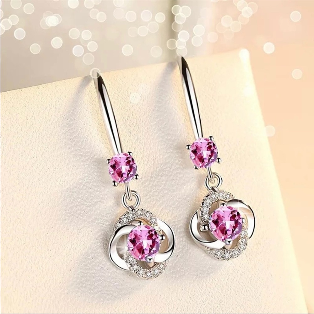 Pink Crystal Drop Earrings Silver Stone Earrings